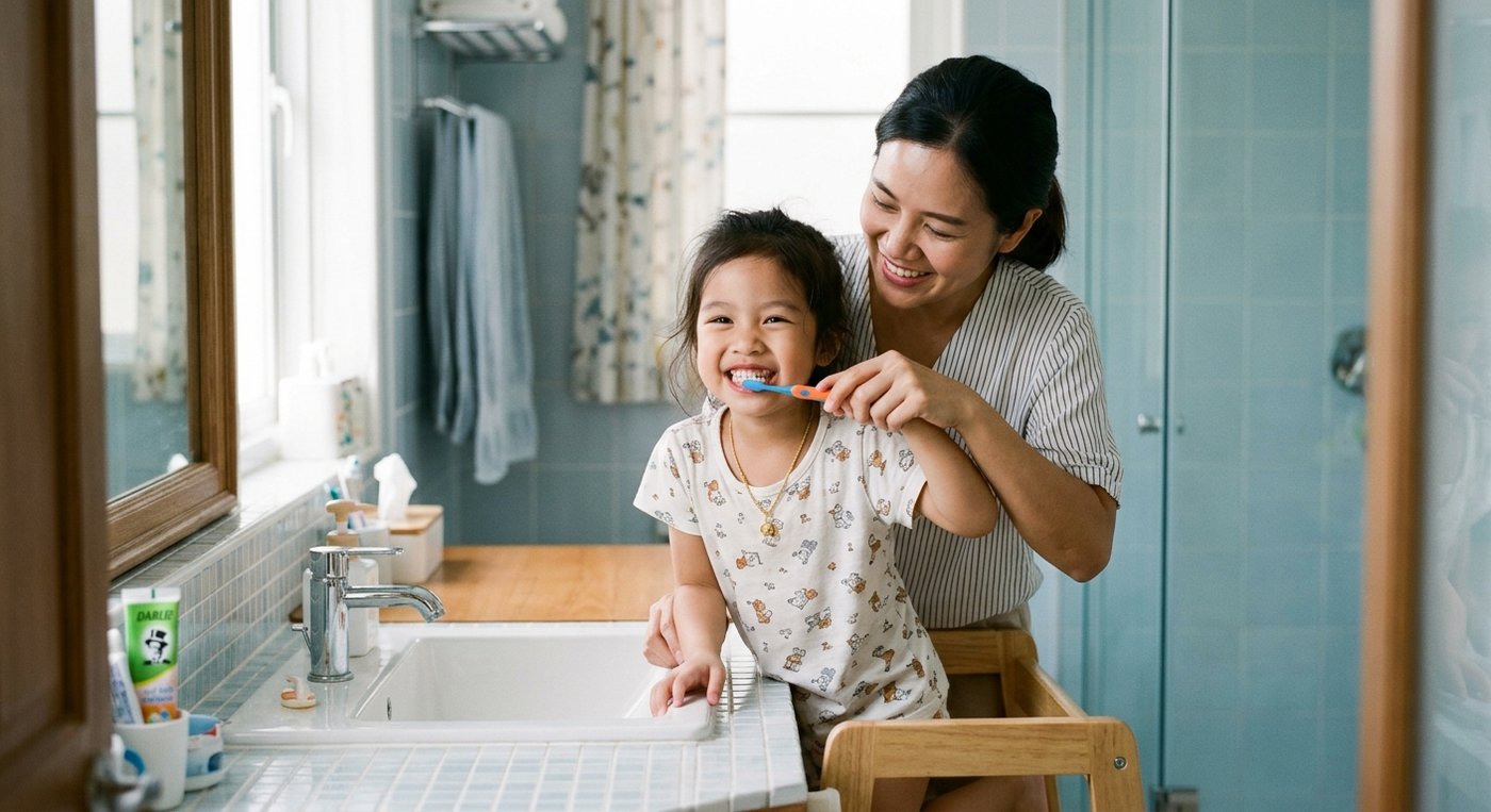 ผู้ปกครองสอนลูกแปรงฟันที่บ้านเพื่อป้องกันฟันผุ Tiny Smile Dental Clinic