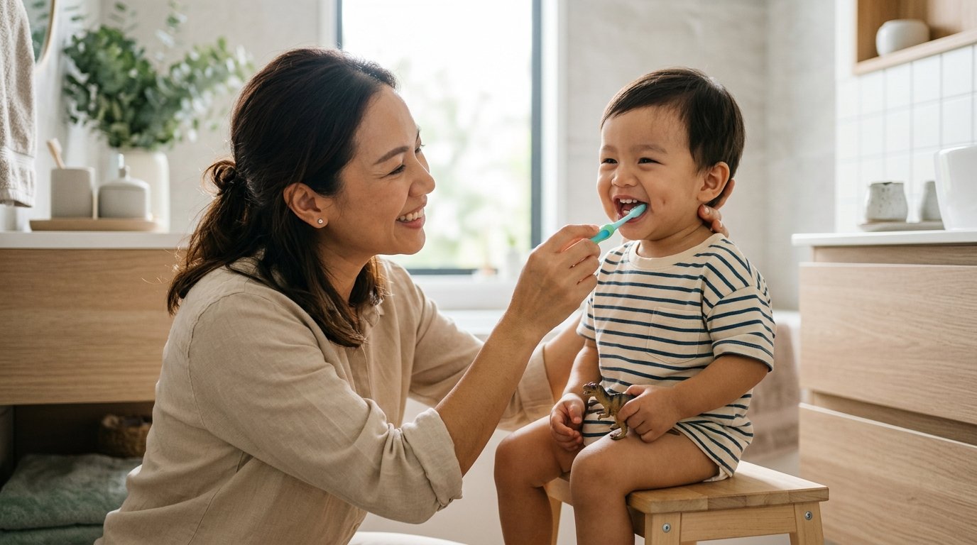 คุณแม่แปรงฟันให้ลูกวัยเตาะแตะเพื่อป้องกันฟันผุและฟันหน้าผุ เด็กเล็ก