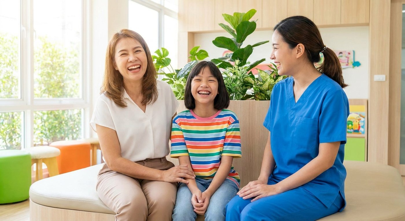คุณแม่และลูกยิ้มหลังเข้าใจแนวทางจัดฟันเด็กและการถอนฟัน Tiny Smile Dental Clinic