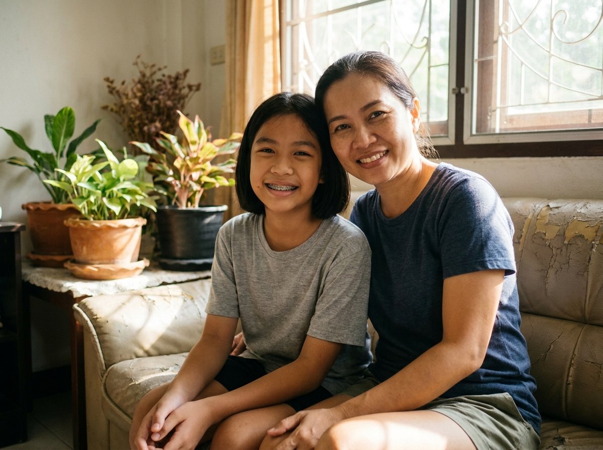 ลูกวัยรุ่นที่จัดฟันยิ้มอย่างสบายใจหลังอาการปวดทุเลาลง พร้อมคุณแม่ Tiny Smile Dental Clinic
