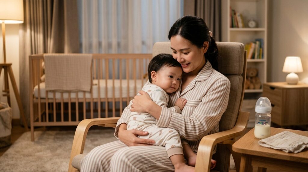 คุณแม่อุ้มลูกน้อยก่อนนอนพร้อมขวดนม สื่อถึงการป้องกันฟันผุจากขวดนมในเด็กเล็ก