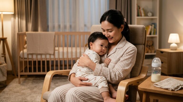 คุณแม่อุ้มลูกน้อยก่อนนอนพร้อมขวดนม สื่อถึงการป้องกันฟันผุจากขวดนมในเด็กเล็ก