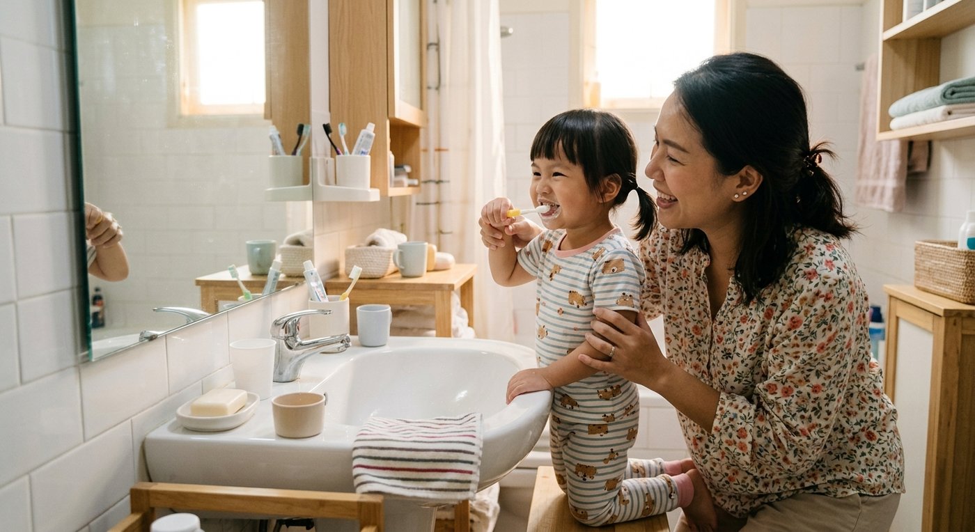 คุณแม่ช่วยลูกแปรงฟันด้วยยาสีฟันผสมฟลูออไรด์ปริมาณเหมาะสม คำถามฟลูออไรด์เด็ก ปลอดภัยไหม Tiny Smile Dental Clinic