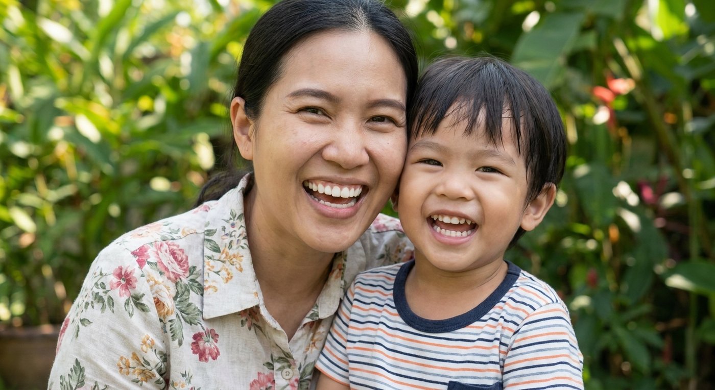 คุณแม่และลูกยิ้มแสดงฟันที่แข็งแรงหลังดูแลด้วยฟลูออไรด์อย่างเหมาะสม Tiny Smile Dental Clinic