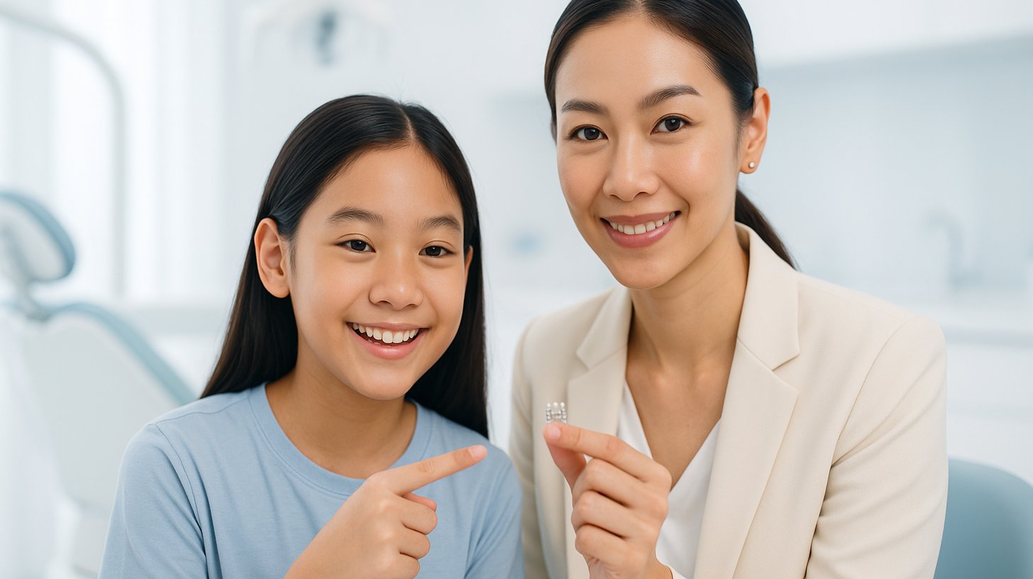 คุณแม่และลูกปรึกษาทันตแพทย์เฉพาะทางเรื่องจัดฟันดาม่อน เคลียร์ เด็ก ที่ Tiny Smile Dental Clinic