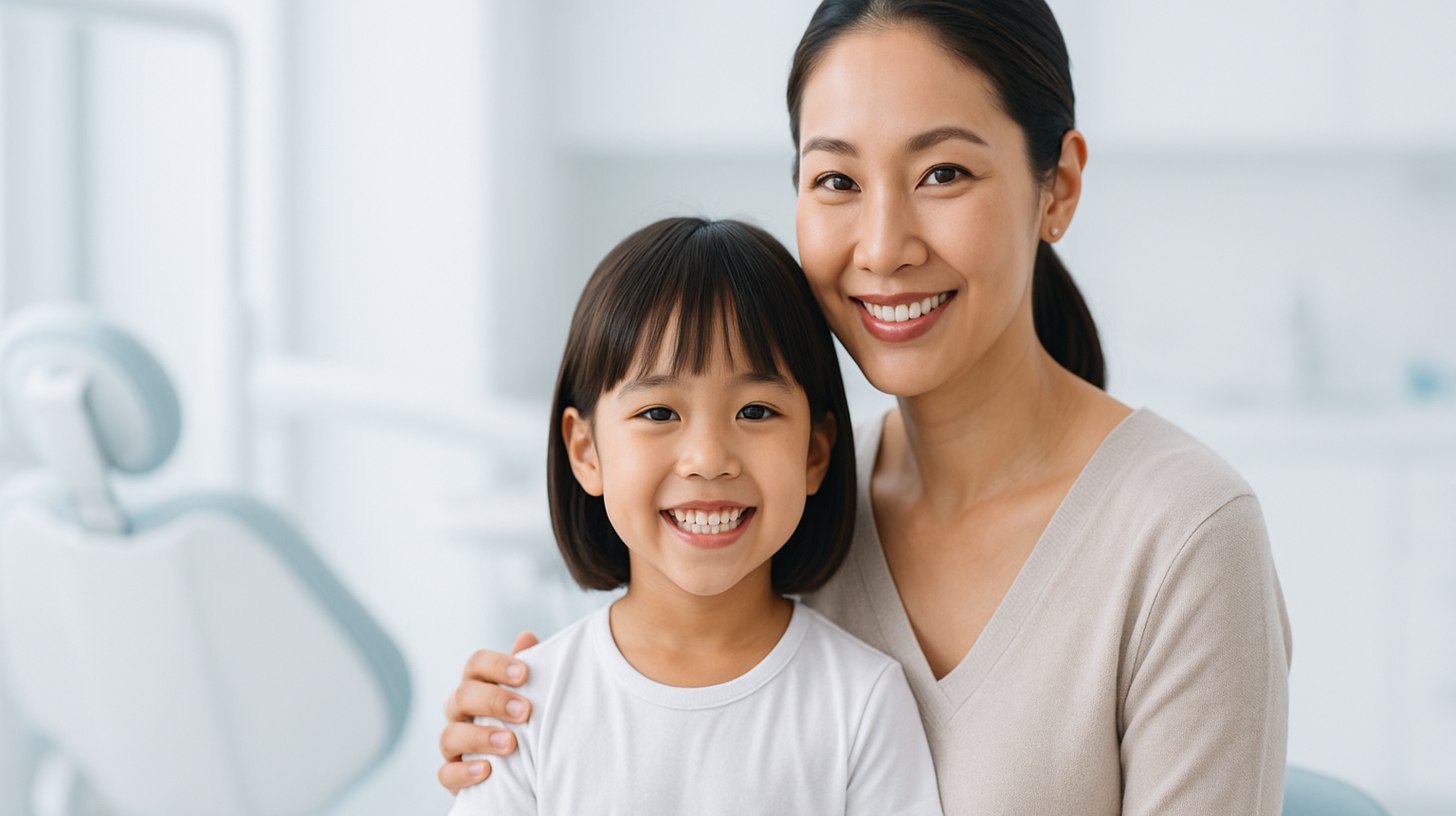 คุณแม่และลูกยิ้มหลังเคลือบฟลูออไรด์เด็ก ราคาคุ้มค่ากับการป้องกันฟันผุ ทันตแพทย์เฉพาะทาง Tiny Smile Dental Clinic
