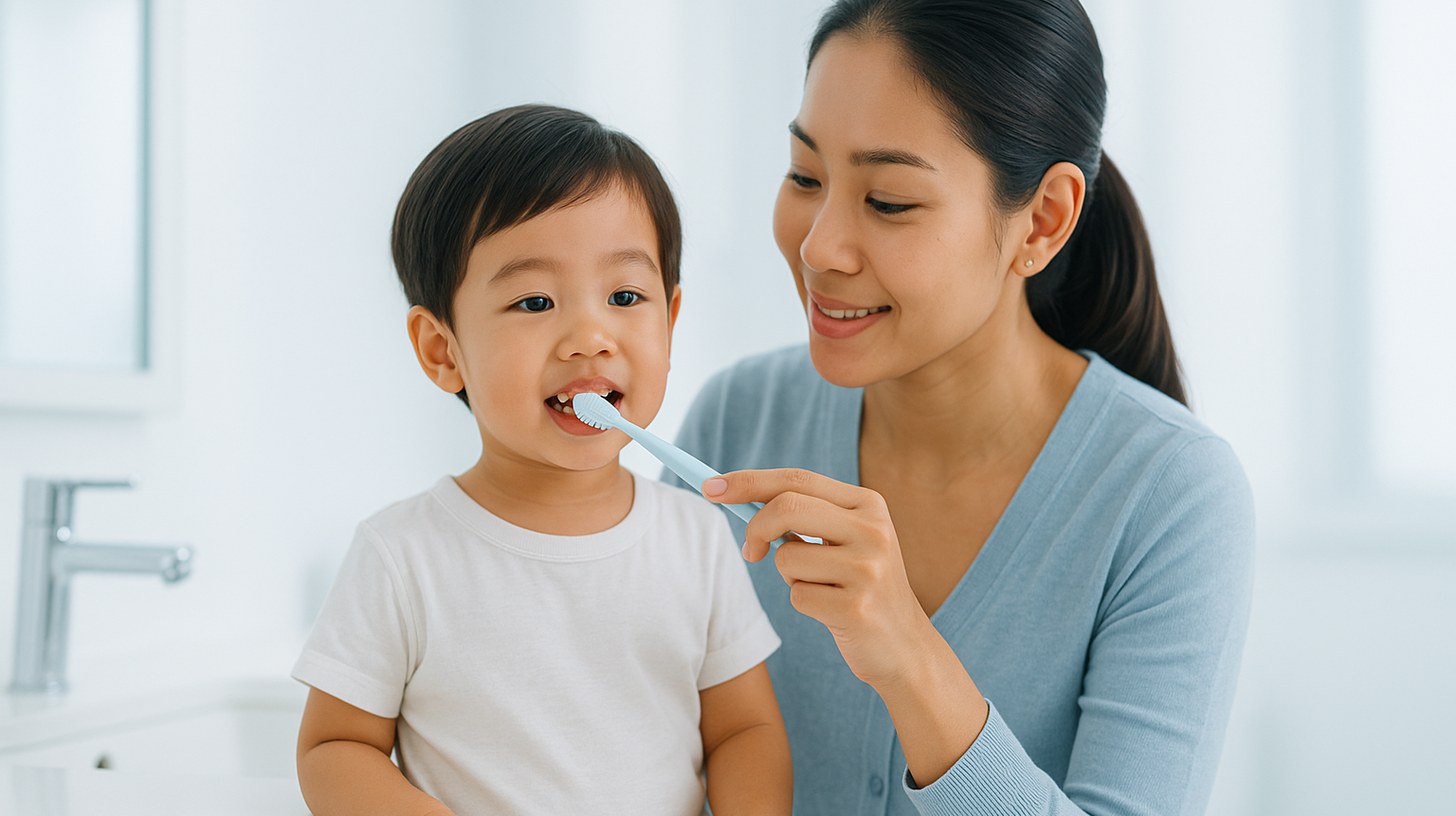คุณแม่ช่วยลูกแปรงฟันเพื่อป้องกันฟันหน้าน้ำนมผุ ดูแลไม่ให้ลูกฟันหน้าผุ Tiny Smile Dental